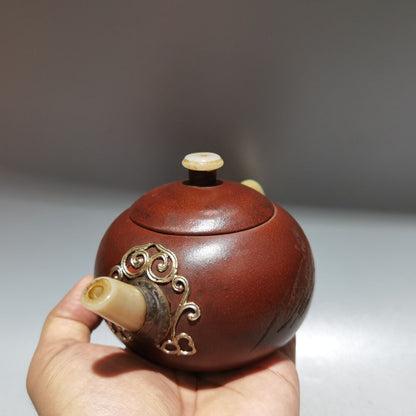 vintage chinese yixing purple clay teapot zisha ceremony carving Inlaid jade art