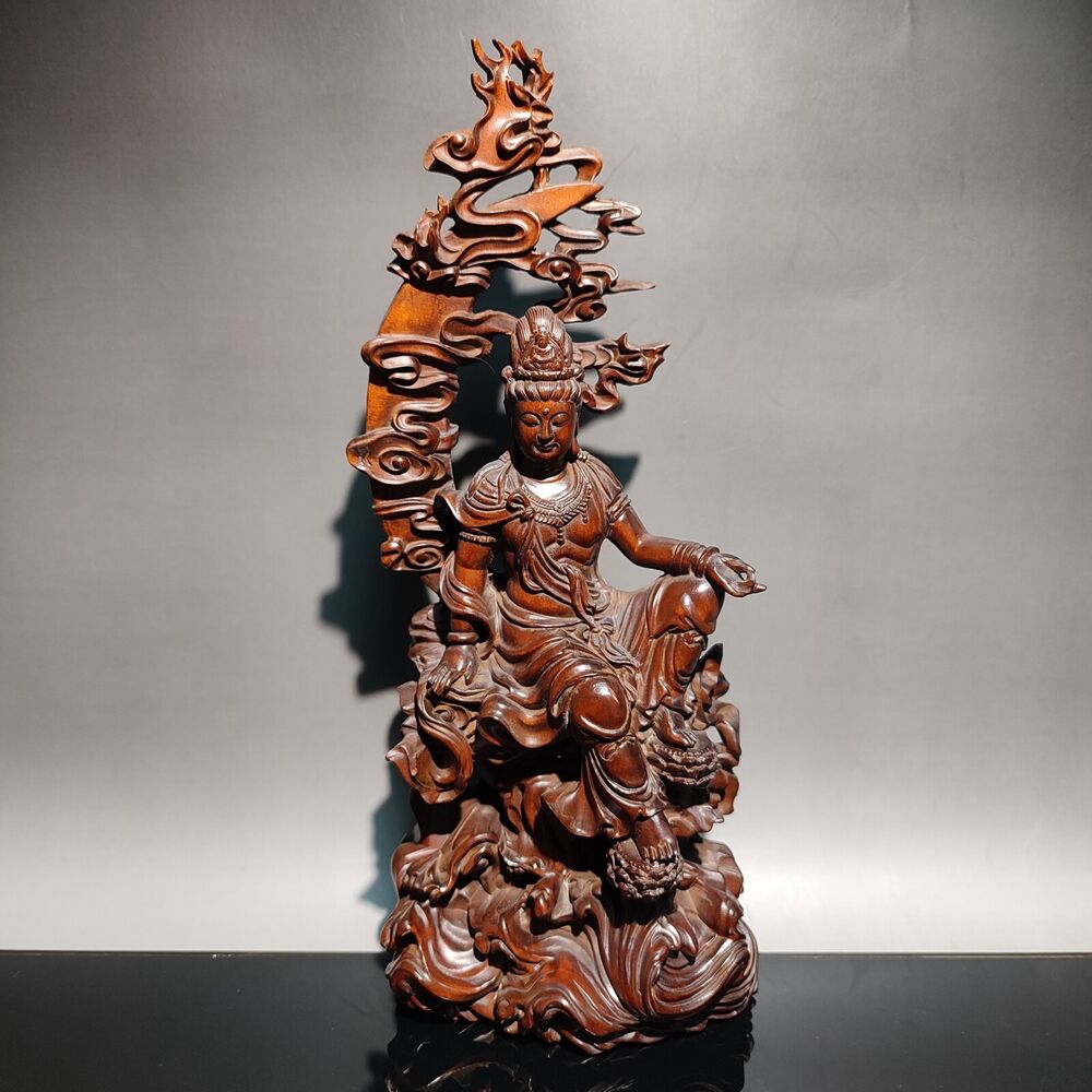 9" chinese boxwood buddha wooden statue antique Free kwan yin carved home decor