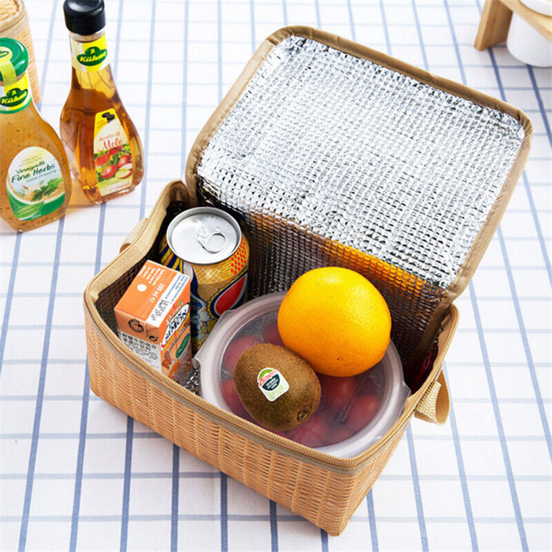 Straw Woven Waterproof Insulated Thermal Bento Lunch Tote Bag Travel Picnic.t2