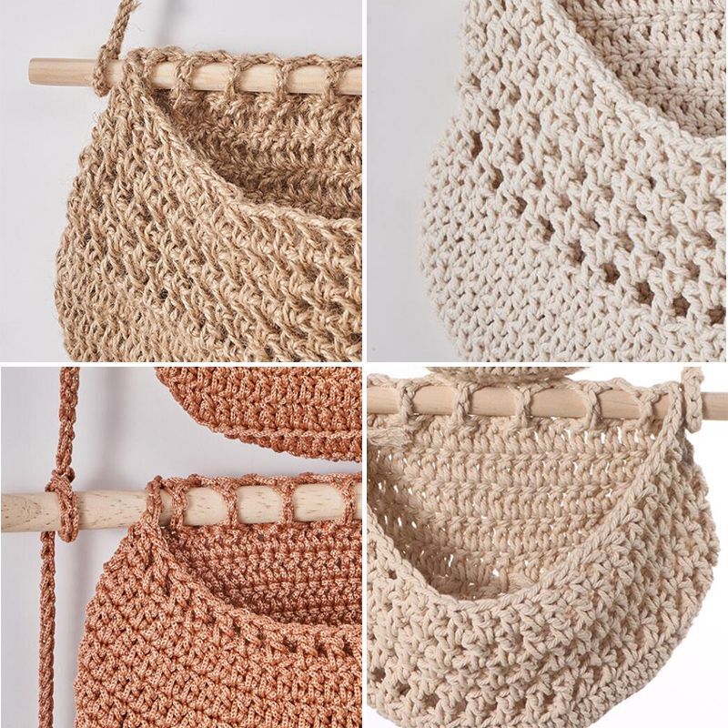 Hanging Fruit Basket Handmade Woven Jute Vegetable Storage Bag Kitchen Organizer