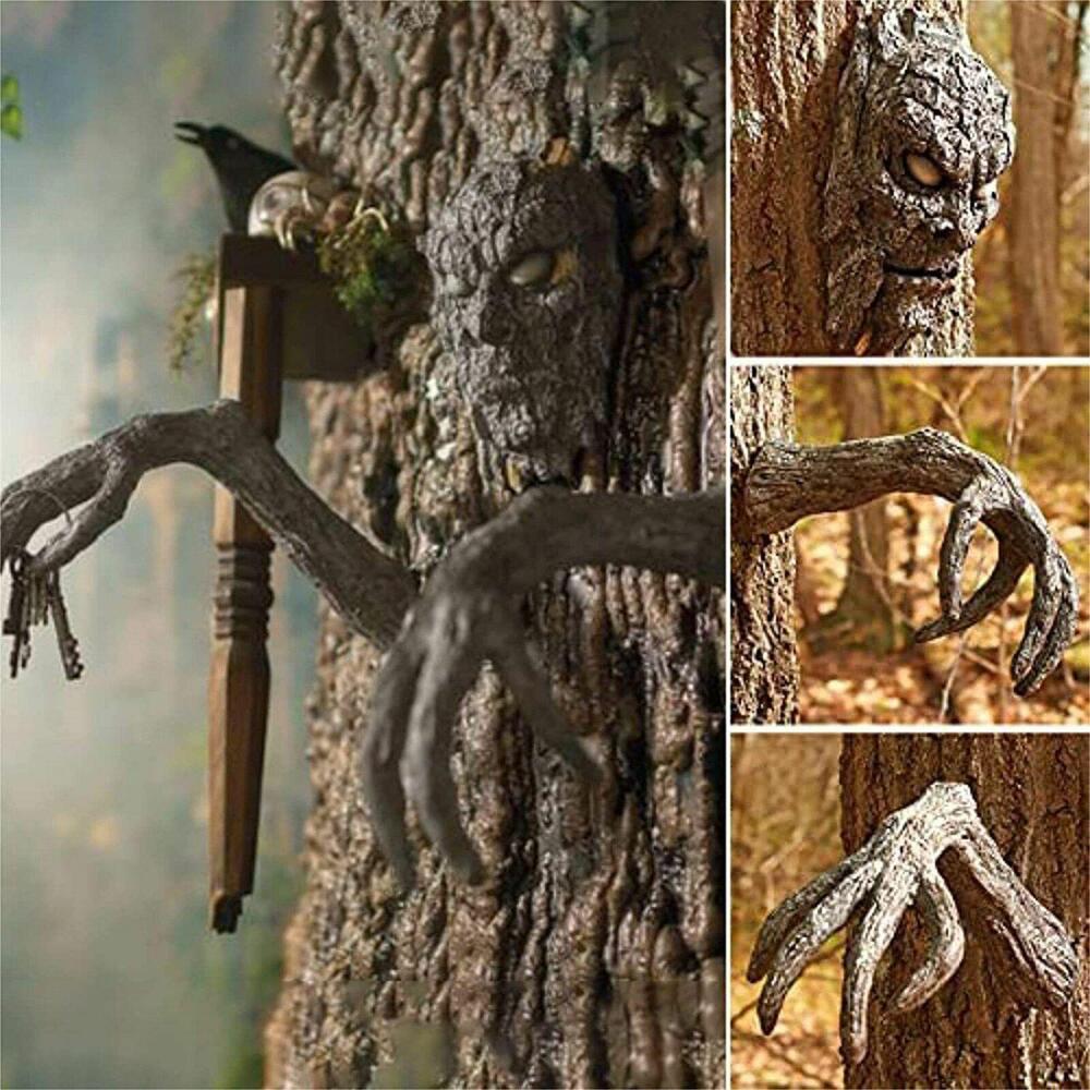 Tree Bark Face Halloween Outdoor Garden Statue Ghost Face Sculpture Decoration