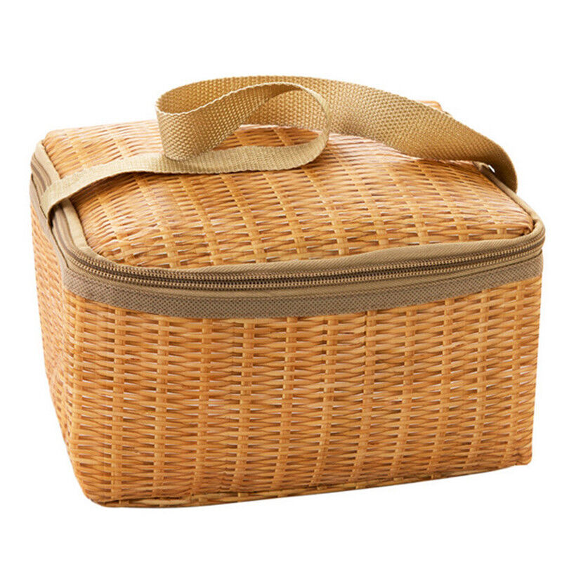 Straw Woven Waterproof Insulated Thermal Bento Lunch Tote Bag Travel Picnic.t2