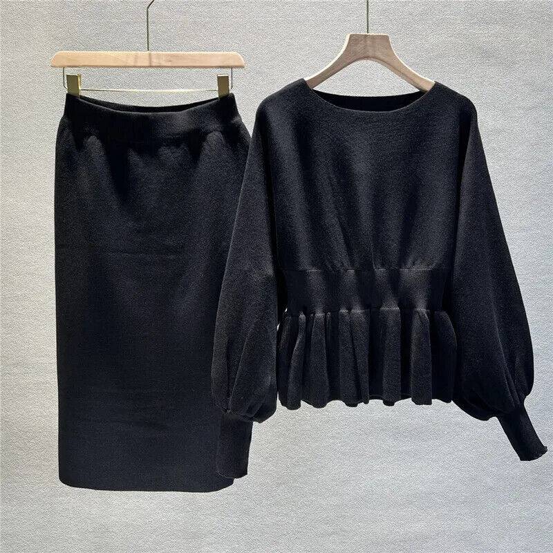 2 Two Piece Set Women Lantern Long Sleeves Crop Tops Sweater Sexy Skirts Sets