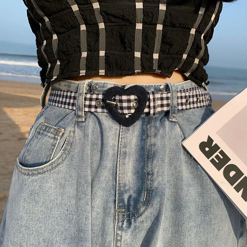 Women Belt Denim Fabric Strap Love Buckle All-Match Jeans Pink Dress Waistbands