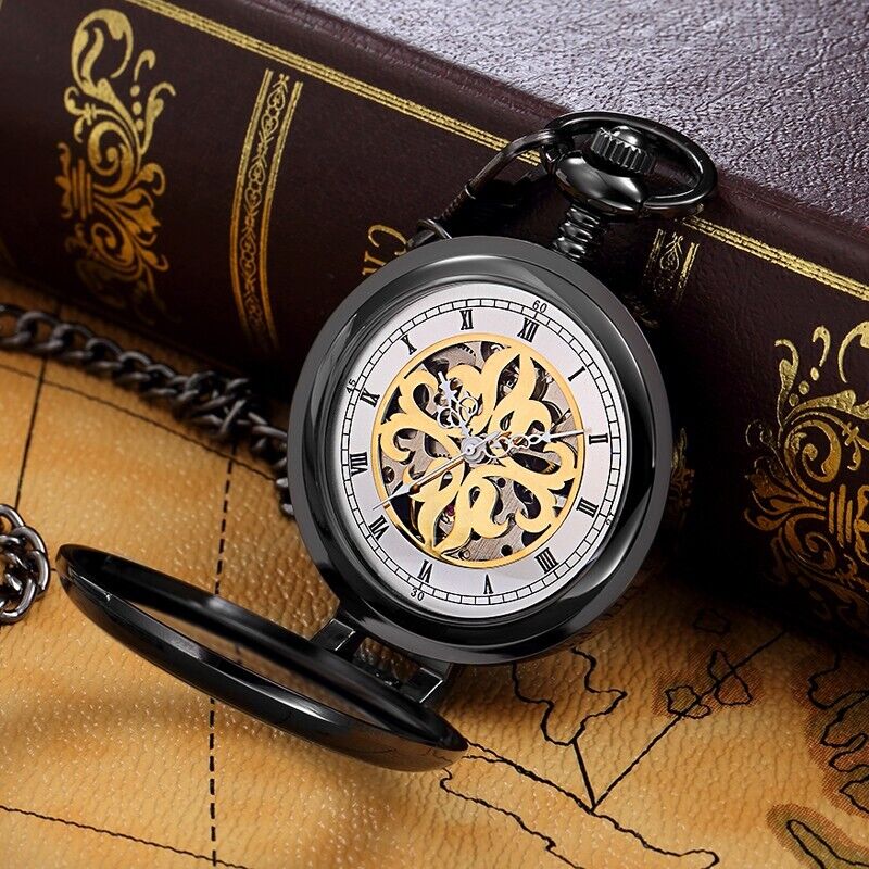 Retro Hollow Pocket Watch Mechanical Hand Wind With Fob Chain For Men And Women