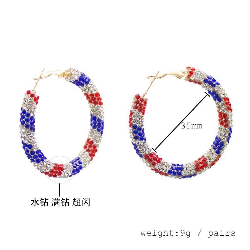 Women Hoop Earrings 35mm Rhinestone Patriotic Girls Fashion Jewelry Holiday Gift