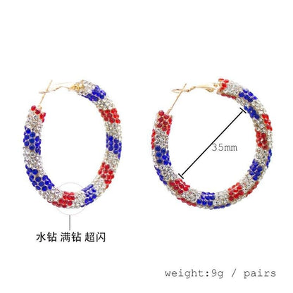 Women Hoop Earrings 35mm Rhinestone Patriotic Girls Fashion Jewelry Holiday Gift
