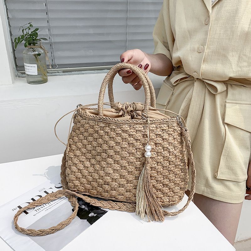 Summer Straw Shoulder Bag Pearl Tassel Weaving Vintage Large Handbag Shopper Bag