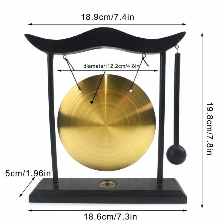 Feng Shui Brass Gongs Desktop Zen Art Fortune Decor Wooden Stands 8x7.5x2 Inch