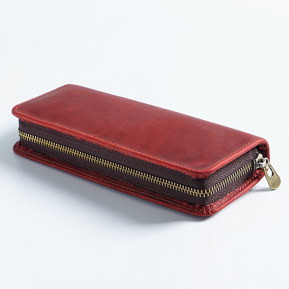 Handmade Cowhide Leather Zipper Pen Case, Pencil Case Stationery Storage Bag