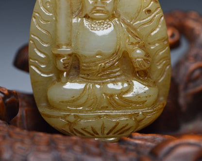 Chinese Natural Hetian Jade Hand Carved Buddhist Figure Statue Pendant Jewelry