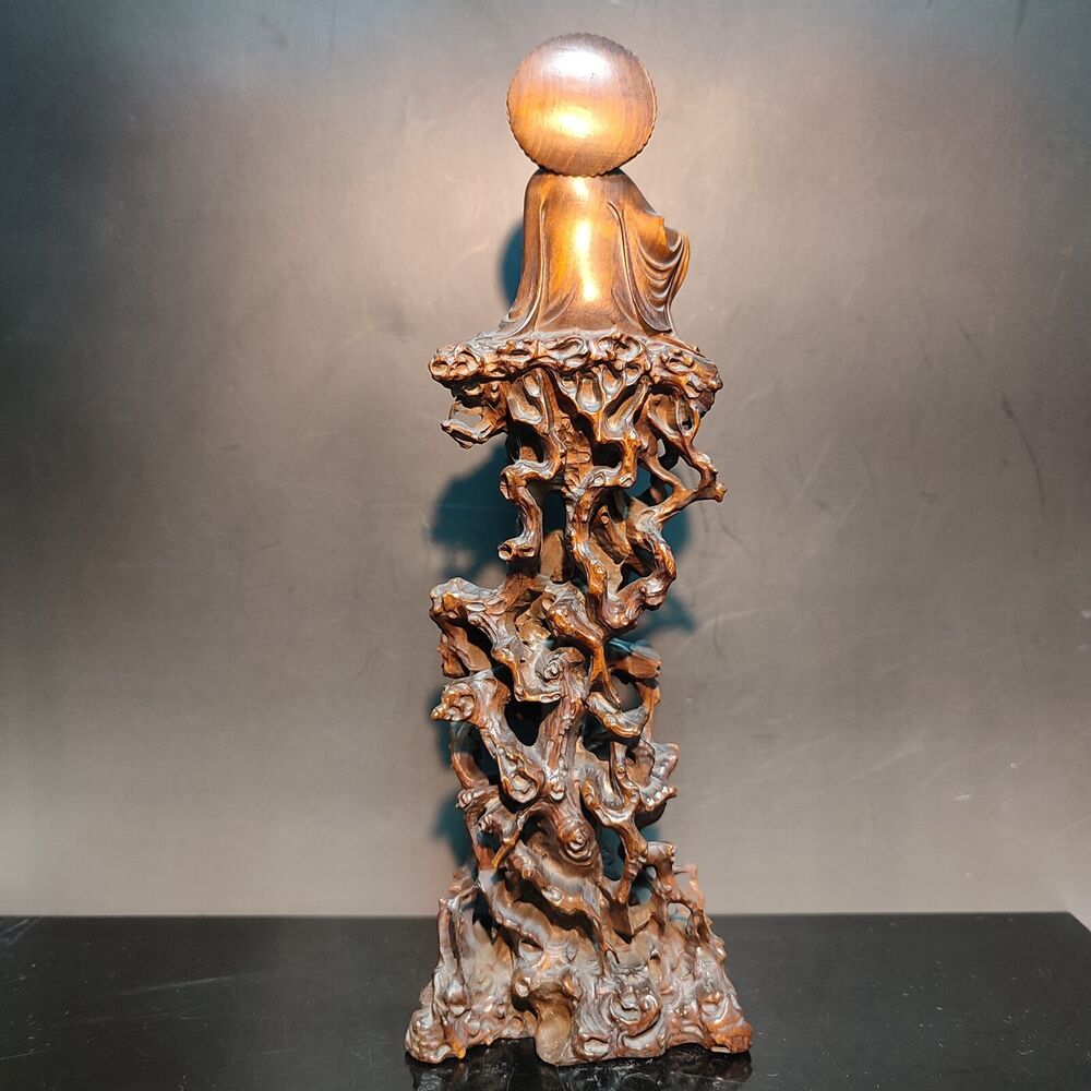 8" Vintage Wooden Ornaments Carved Statue Free Kwan Yin Bodhisattva Wood Figure