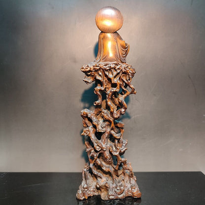 8" Vintage Wooden Ornaments Carved Statue Free Kwan Yin Bodhisattva Wood Figure
