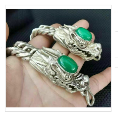 Collectible China Green Jade Tibet Silver Handwork Auspicious Dragon Bracelet