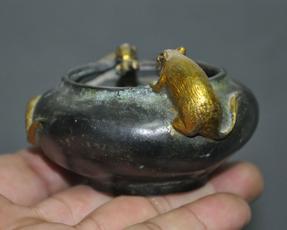 3.2"old China Temple Bronze Gilt Snake Mouse Statue Incense Animal Burner Censer
