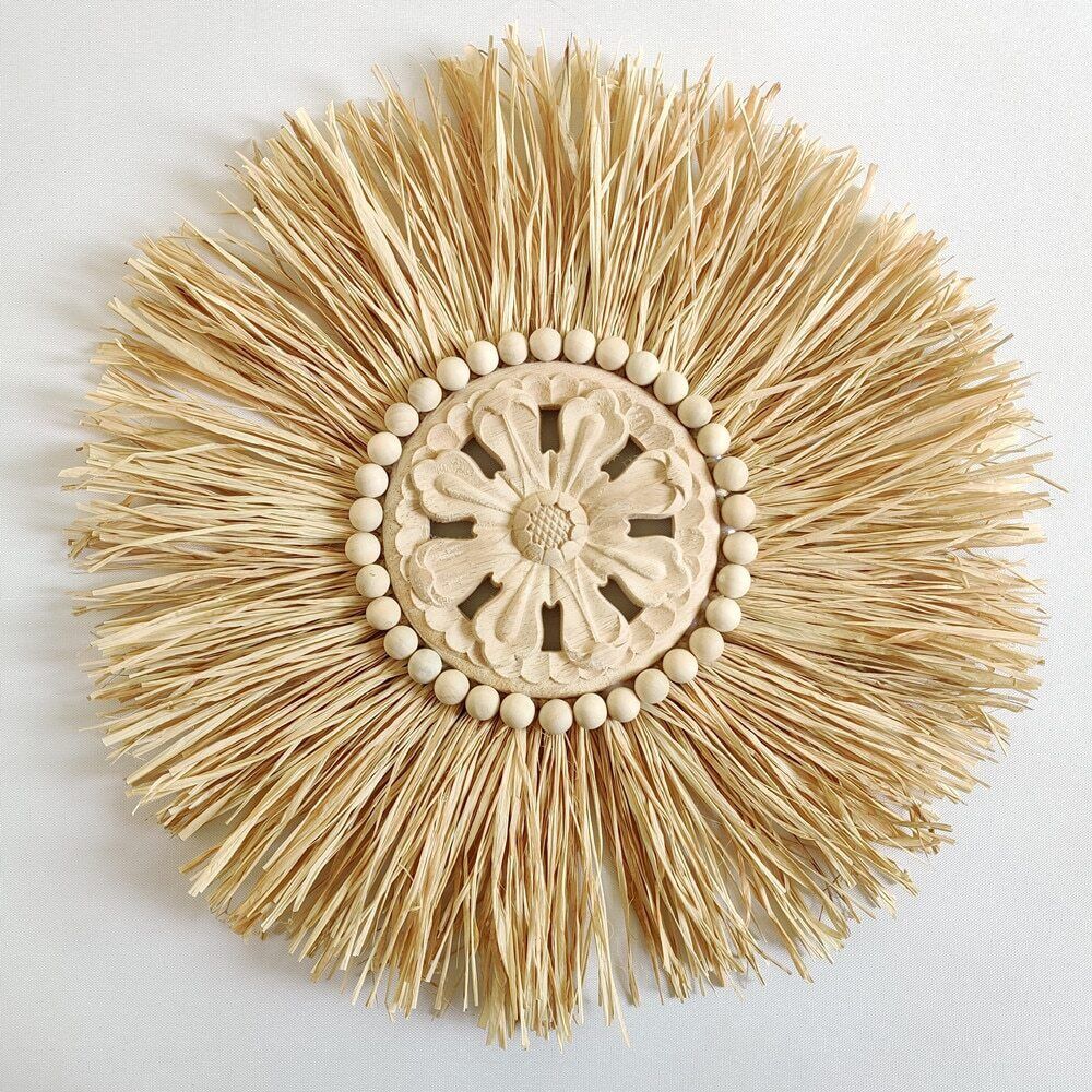 Wall Decor Boho Handmade Woven Straw Moroccan Wood Bead Hanging Ornament 45x45cm