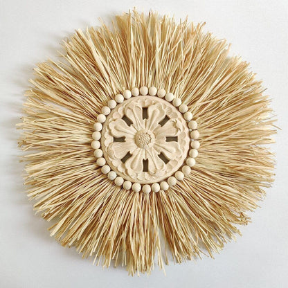 Wall Decor Boho Handmade Woven Straw Moroccan Wood Bead Hanging Ornament 45x45cm