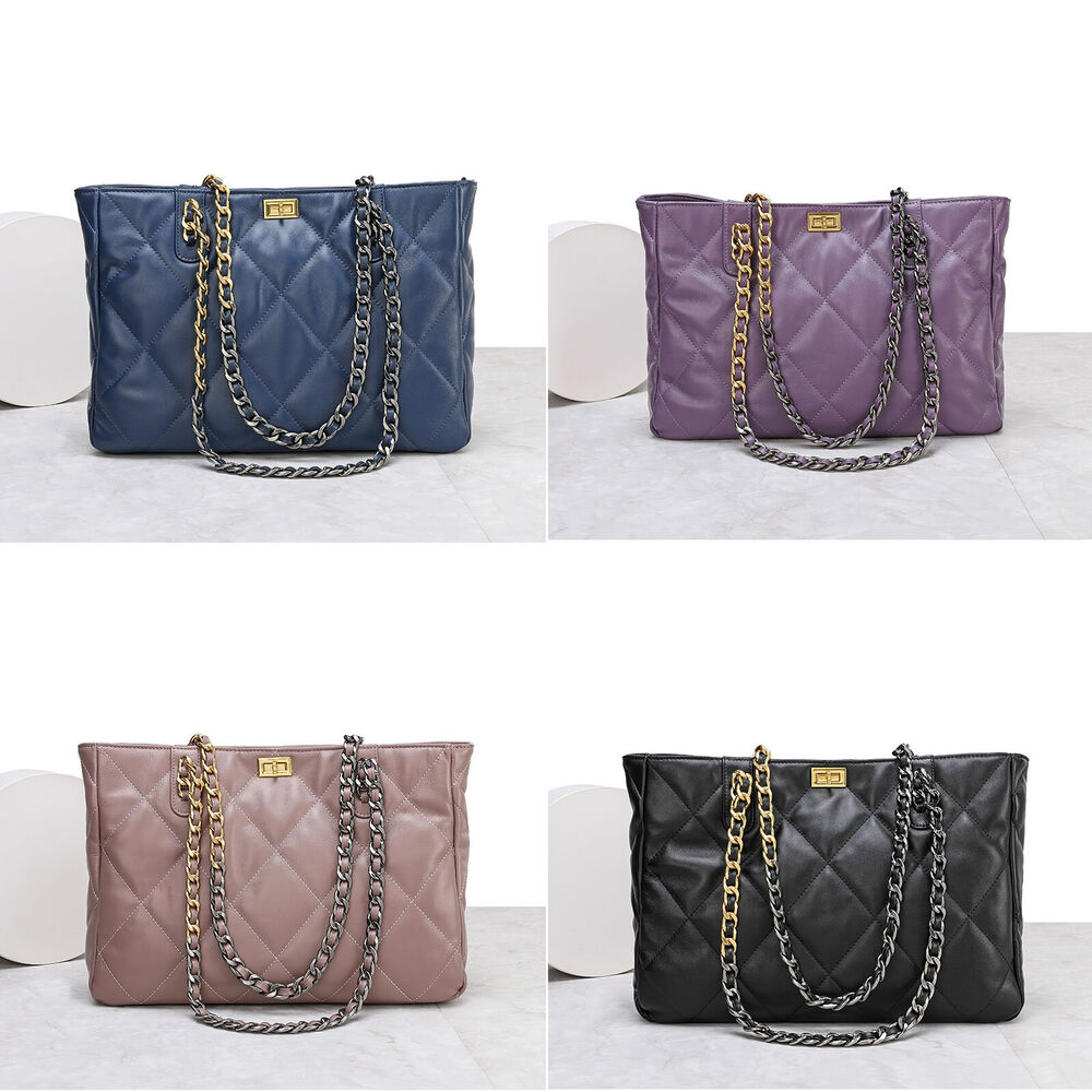 Quilted Sheepskin Leather Shoulder Bag Tote Handbag w/ Chains Purse Fashion