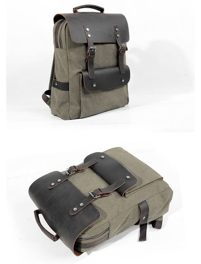 Vintage Real Leather Durable Canvas Backpack Rucksack Satchel 15" Laptop Bag