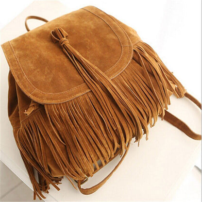 Women Tassel Backpacks Girls Suede Shoulder School Bags Travel Backbags