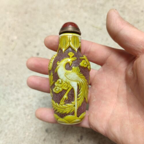 Fine yellow Glass Lucky Snuff Bottle carved phoenix statue flower colored glaze