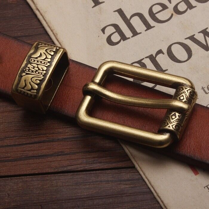 Men Belt Buckle Pin 2Pcs DIY Vintage Brass Carved Pattern Leather Craft Part 2cm