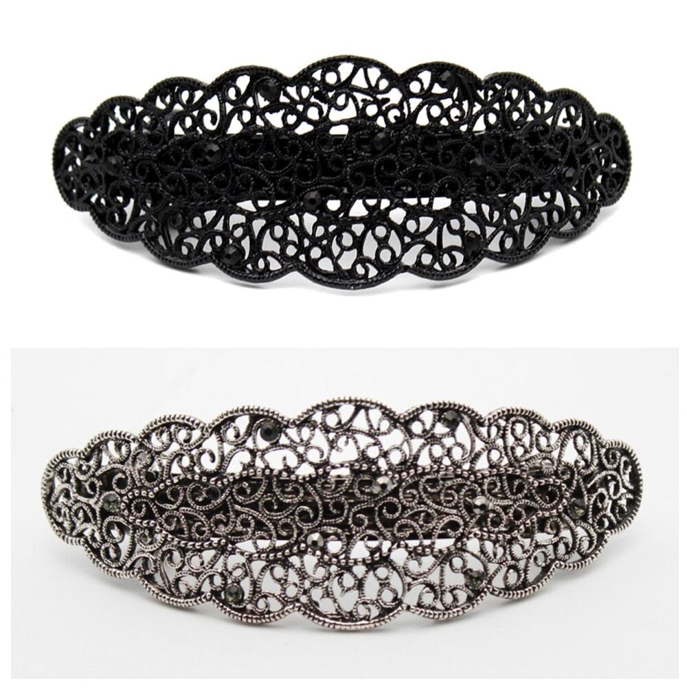 Women Hair Clips Metal Antique Black Silver Rhinestones Hairwear Barrette 10x4cm
