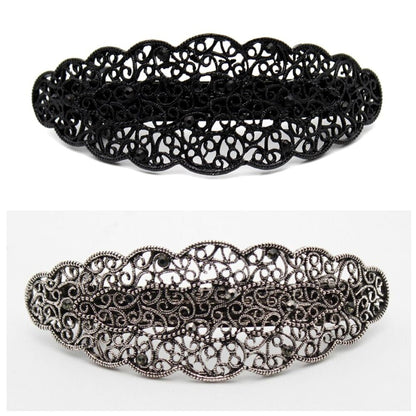 Women Hair Clips Metal Antique Black Silver Rhinestones Hairwear Barrette 10x4cm