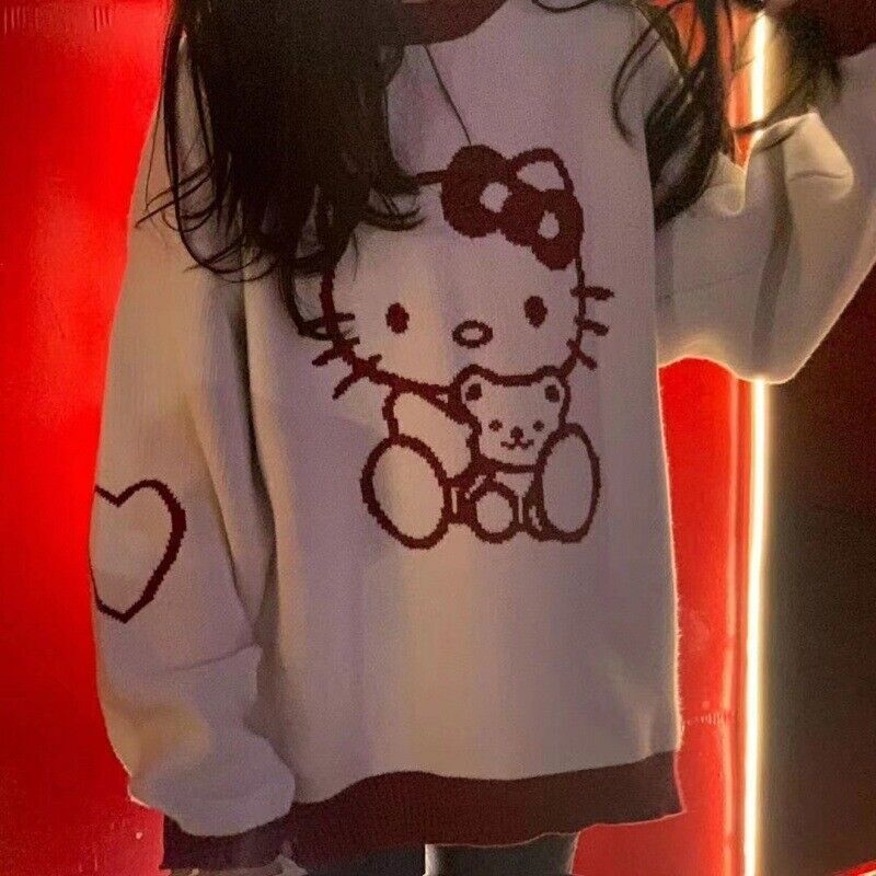 Cute Hello Kitty Sweet Embroidered Ladies Tops Cute Warm Sweater Loose Pullover