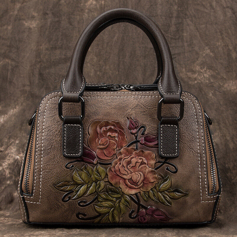 Women's Genuine Leather Handbags Embossed Flower Butterfly Shoulder Shell Bags