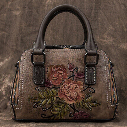 Women's Genuine Leather Handbags Embossed Flower Butterfly Shoulder Shell Bags