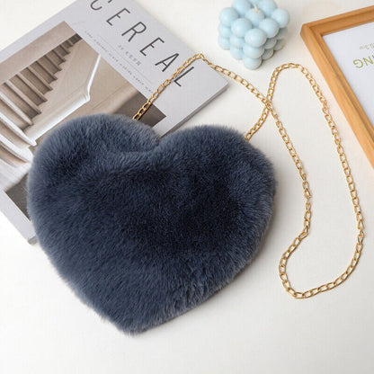 Womens Heart Shape Faux Fur Bag Shoulder Handbag Crossbody Bag Purse Zipper