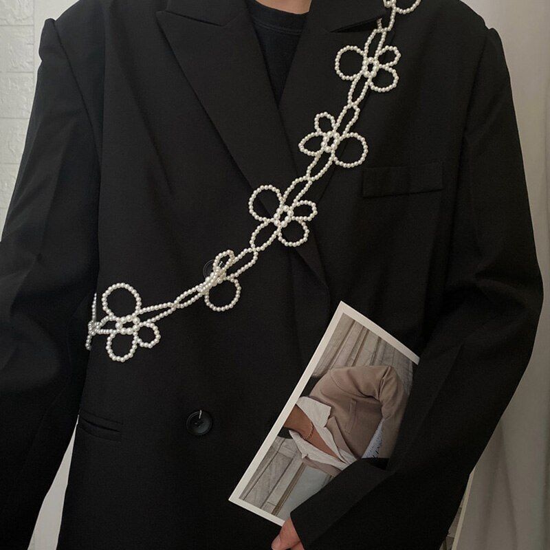 Women Belt Fashion Decorative Harness Waist Chain Strap 120cm Alloy Pearl Flower