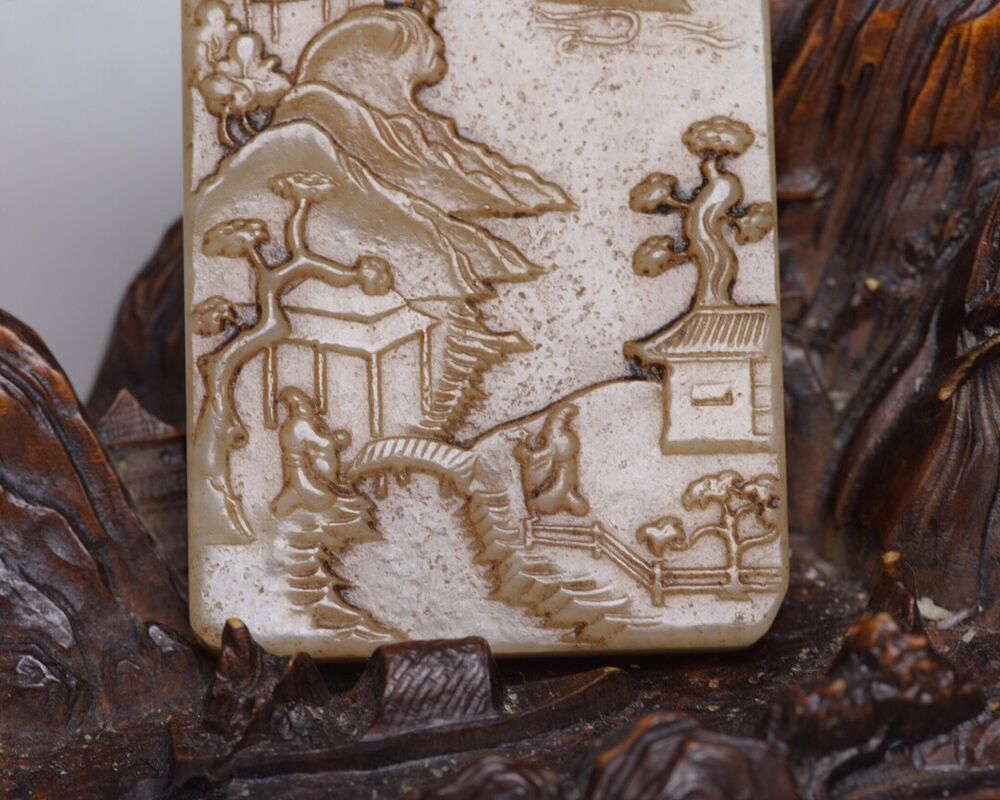 Chinese Natural Hetian Jade Carved Landscape Statues Exquisite Pendant Jewelry