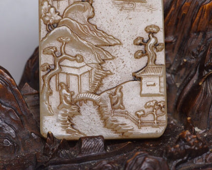 Chinese Natural Hetian Jade Carved Landscape Statues Exquisite Pendant Jewelry