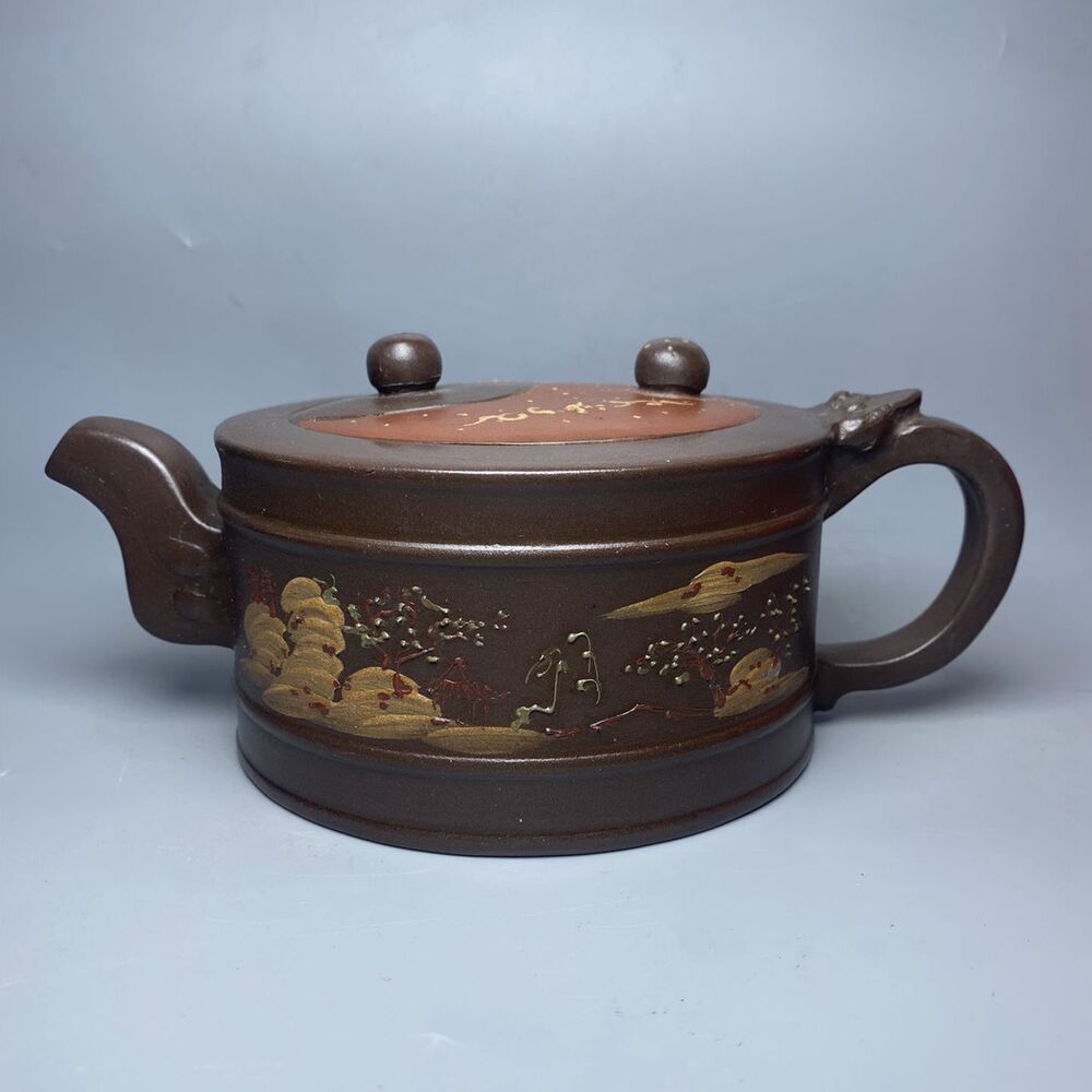 Vintage China Yixing Purple Clay Teapot Zisha Ceremony Painted Landscape Teaware
