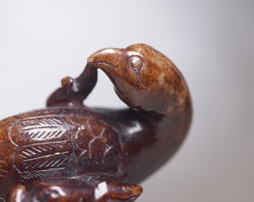 Old Peking Chinese Hetian Jade Carving Turtle Bird Statue Unique Wonderful Art