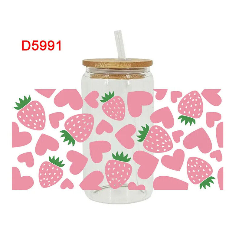 Transfers Stickers 16oz Cup Wraps 3D UV DTF Strawberry Printed DIY Decal 23x11cm