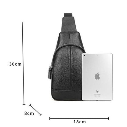 Real Cow Leather Black Men Sling Backpack Crossbody Bag for Hiking Shoulder Bag
