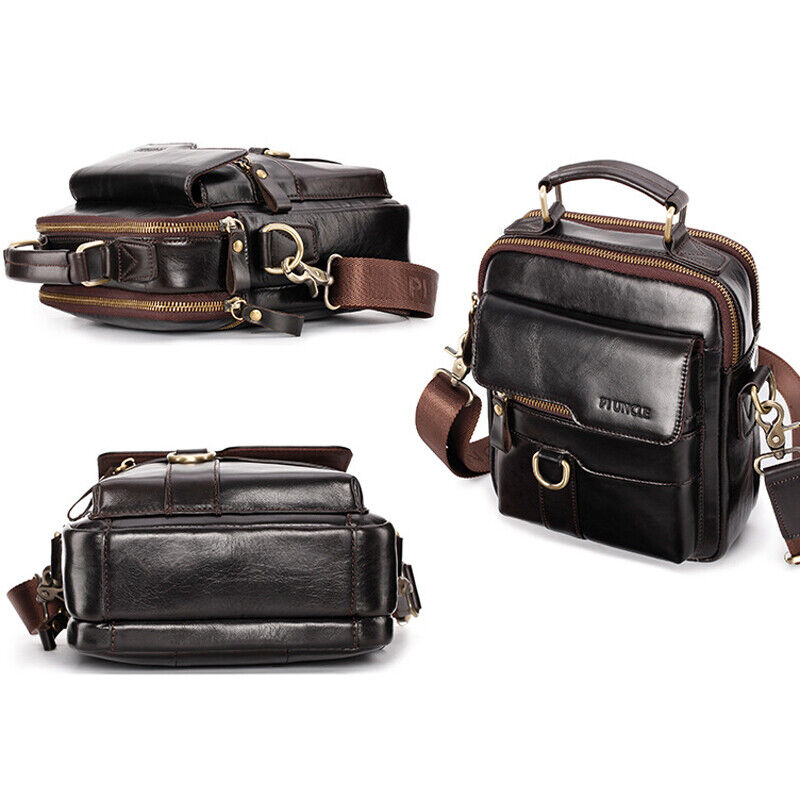 100% Cow Leather Men's Sling Shoulder Bag Double Zipper Multifunction Handbags