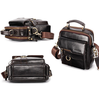100% Cow Leather Men's Sling Shoulder Bag Double Zipper Multifunction Handbags