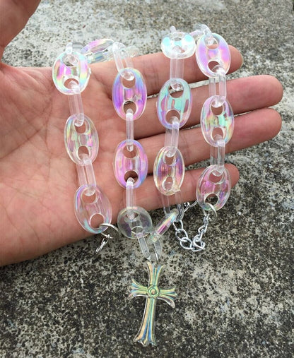 Women Necklace Cross Pendants Trendy Iridescent Acrylic Beads Chain Chokers 50cm