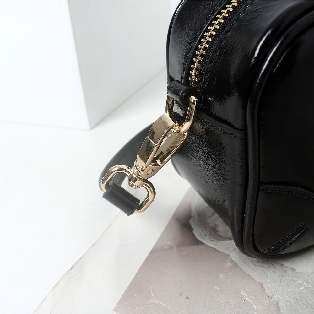 Small Glossy Real Leather Tote Boston Bowling Handbag Fashion Shoulder Bag Purse
