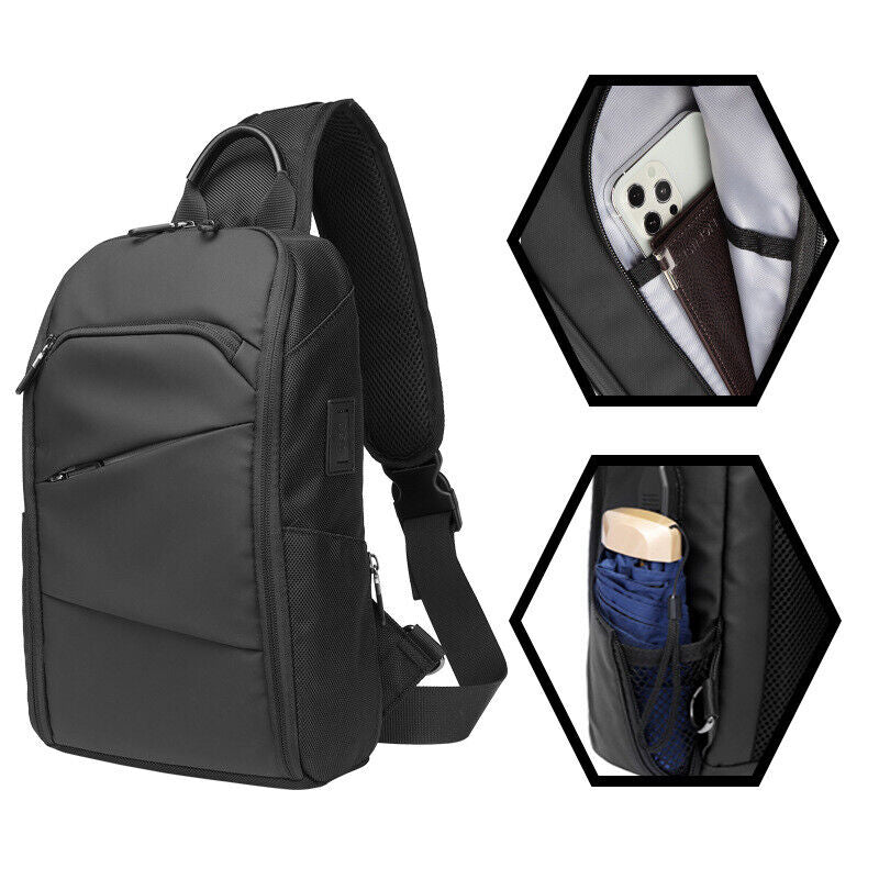 Men's Sling Backpack Oxford cloth Waterproof Crossbody Bag Black Daypack USBport