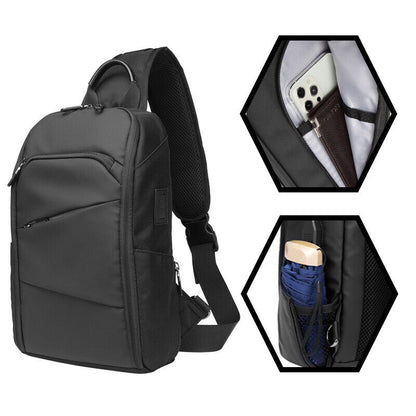 Men's Sling Backpack Oxford cloth Waterproof Crossbody Bag Black Daypack USBport