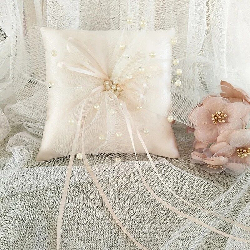 Wedding Ring Pillow Lace Ribbon Satin Cushion W/ Heart Rhinestones Decor 15x15cm