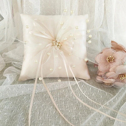 Wedding Ring Pillow Lace Ribbon Satin Cushion W/ Heart Rhinestones Decor 15x15cm
