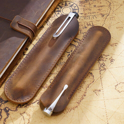 Handmade Cowhide Leather Bsuiness Single Pen Bag Vintage Pencil Case