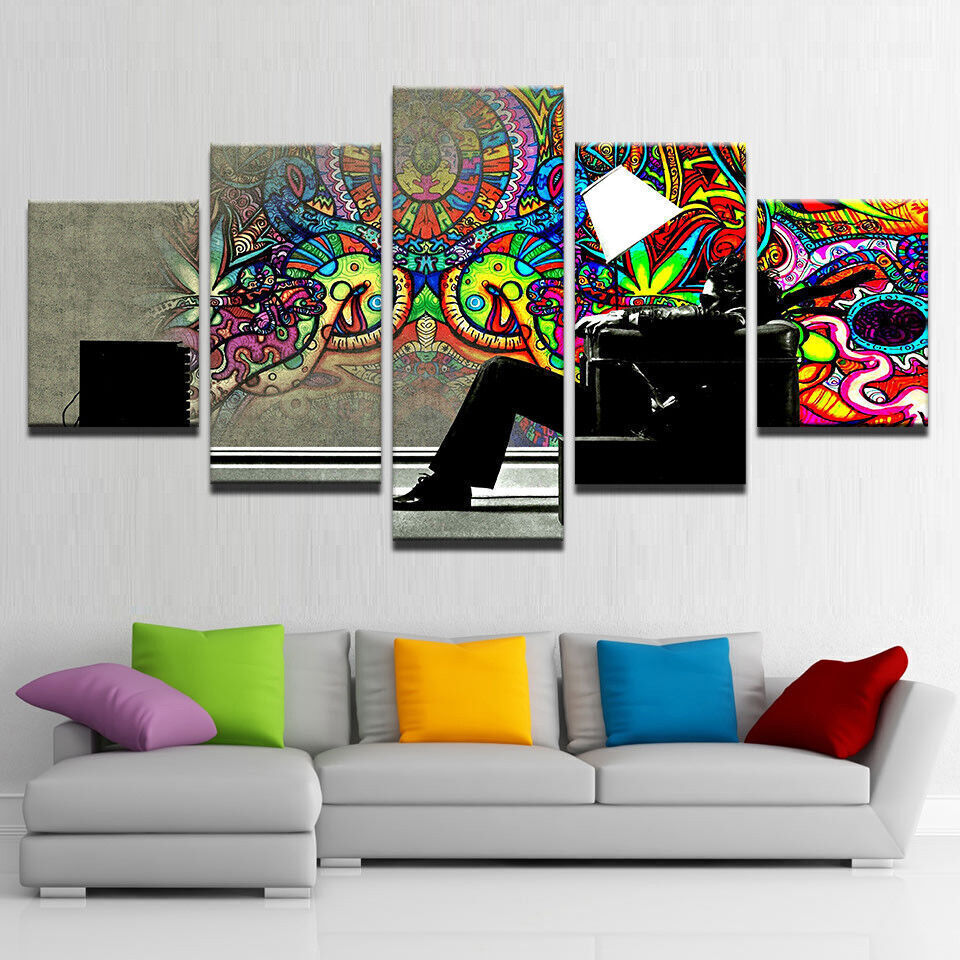 Psychedelic Graffiti Man Lamp Painting 5 Panel Canvas Print Wall Art Home Decor