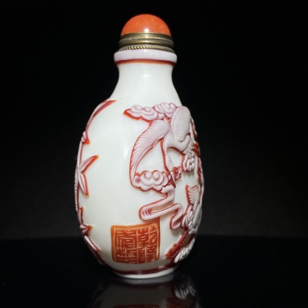 collections Old Beijing chinese glass snuff bottle carved crane statue deer nice
